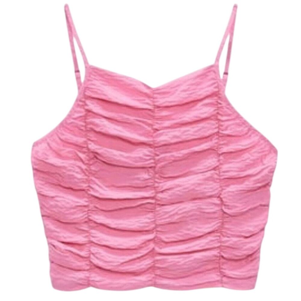 Zara Pink Ruched Smocked High Neck Crop Top Size S